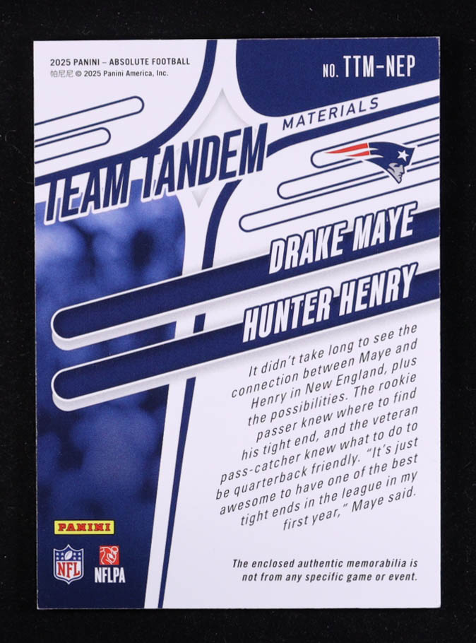 Drake Maye / Hunter Henry 2025 Absolute Team Tandem Materials Gold #11 #09/99 at PristineAuction.com Drake Maye / Hunter Henry 2025 Absolute Team Tandem Materials Gold #11 #09/99 at PristineAuction.com