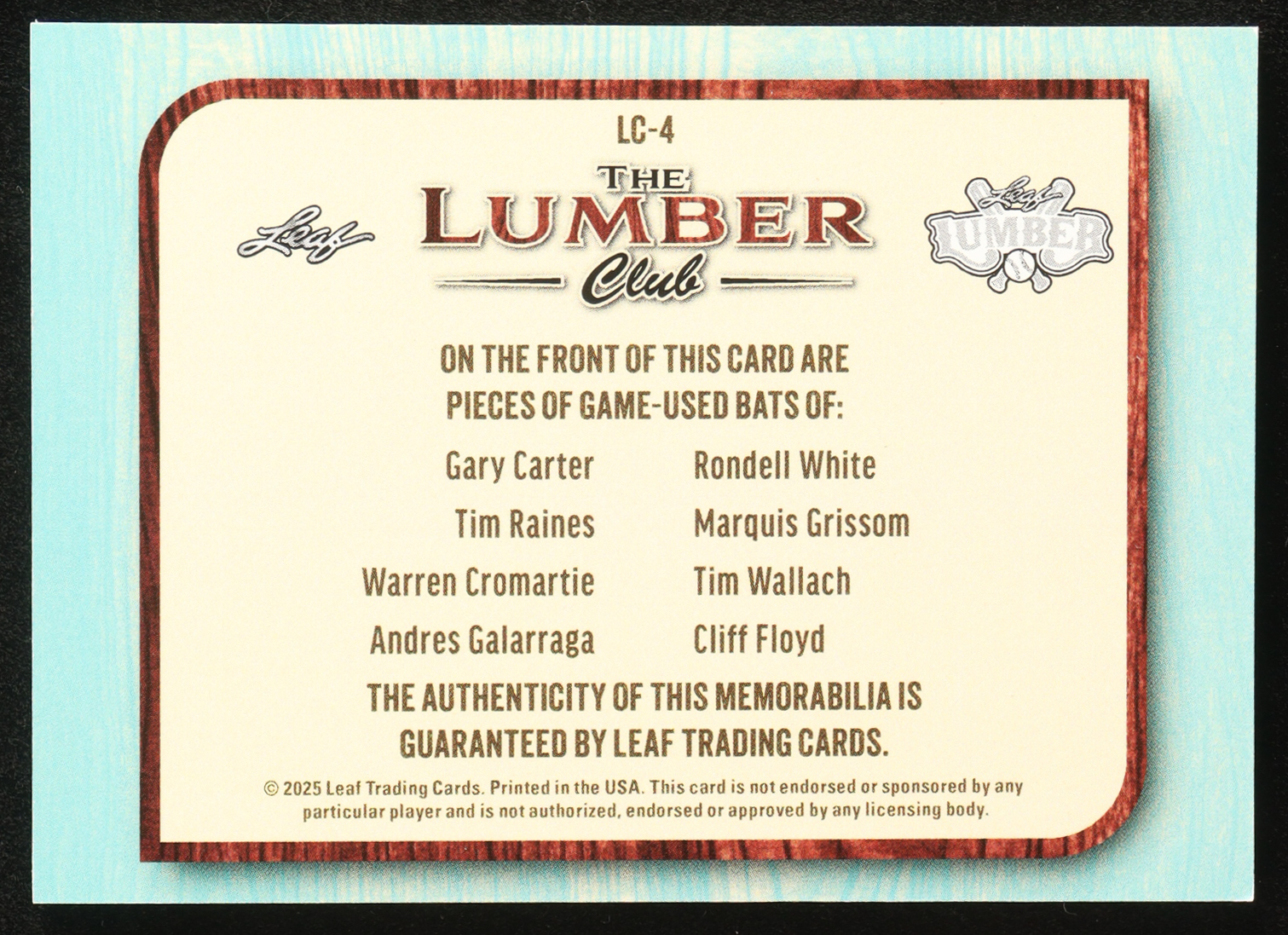 Carter / Raines / Cromartie / Galarraga / White / Grissom / Wallach / Floyd 2025 Leaf Lumber The Lumber Club Relics #LC4 #10/25 at PristineAuction.com Carter / Raines / Cromartie / Galarraga / White / Grissom / Wallach / Floyd 2025 Leaf Lumber The Lumber Club Relics #LC4 #10/25 at PristineAuction.com