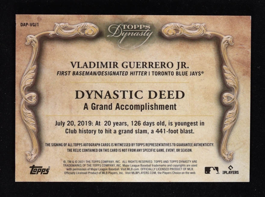 Vladimir Guerrero Jr. 2019 Topps Dynasty Autograph Patches #DAPVGJ1 #06/10 RC at PristineAuction.com Vladimir Guerrero Jr. 2019 Topps Dynasty Autograph Patches #DAPVGJ1 #06/10 RC at PristineAuction.com