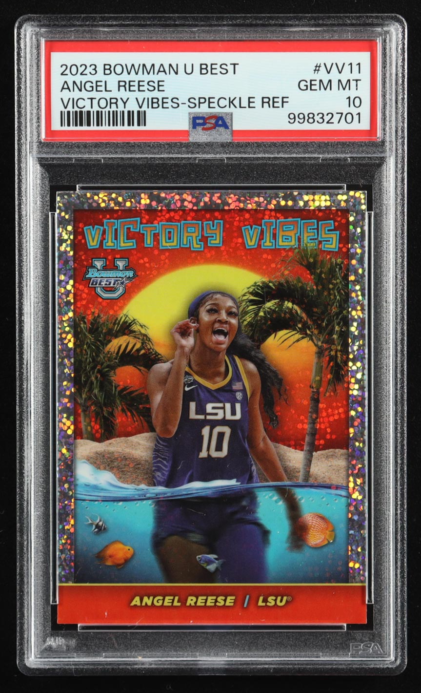 Angel Reese 2023-24 Bowman's Best University Victory Vibes Speckle Refractors #VV11 RC (PSA 10) at PristineAuction.com Angel Reese 2023-24 Bowman's Best University Victory Vibes Speckle Refractors #VV11 RC (PSA 10) at PristineAuction.com