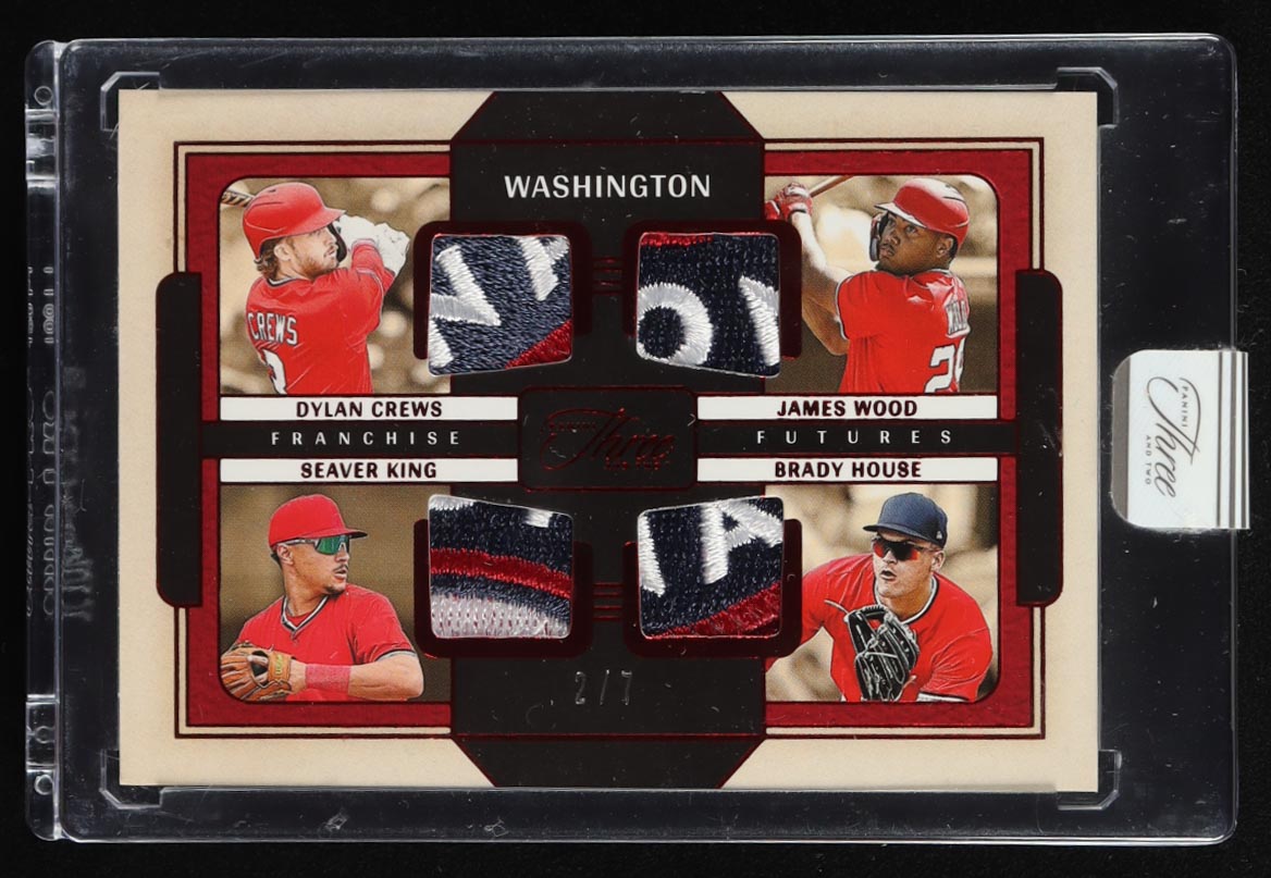 Dylan Crews / James Wood / Seaver King / Brady House 2025 Panini Three and Two Franchise Futures Memorabilia Red FOTL #4 #2/7 RC at PristineAuction.com Dylan Crews / James Wood / Seaver King / Brady House 2025 Panini Three and Two Franchise Futures Memorabilia Red FOTL #4 #2/7 RC at PristineAuction.com