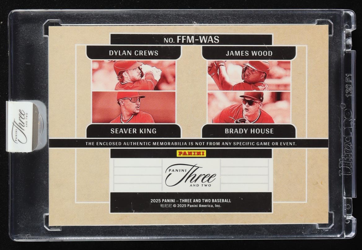 Dylan Crews / James Wood / Seaver King / Brady House 2025 Panini Three and Two Franchise Futures Memorabilia Red FOTL #4 #2/7 RC at PristineAuction.com Dylan Crews / James Wood / Seaver King / Brady House 2025 Panini Three and Two Franchise Futures Memorabilia Red FOTL #4 #2/7 RC at PristineAuction.com