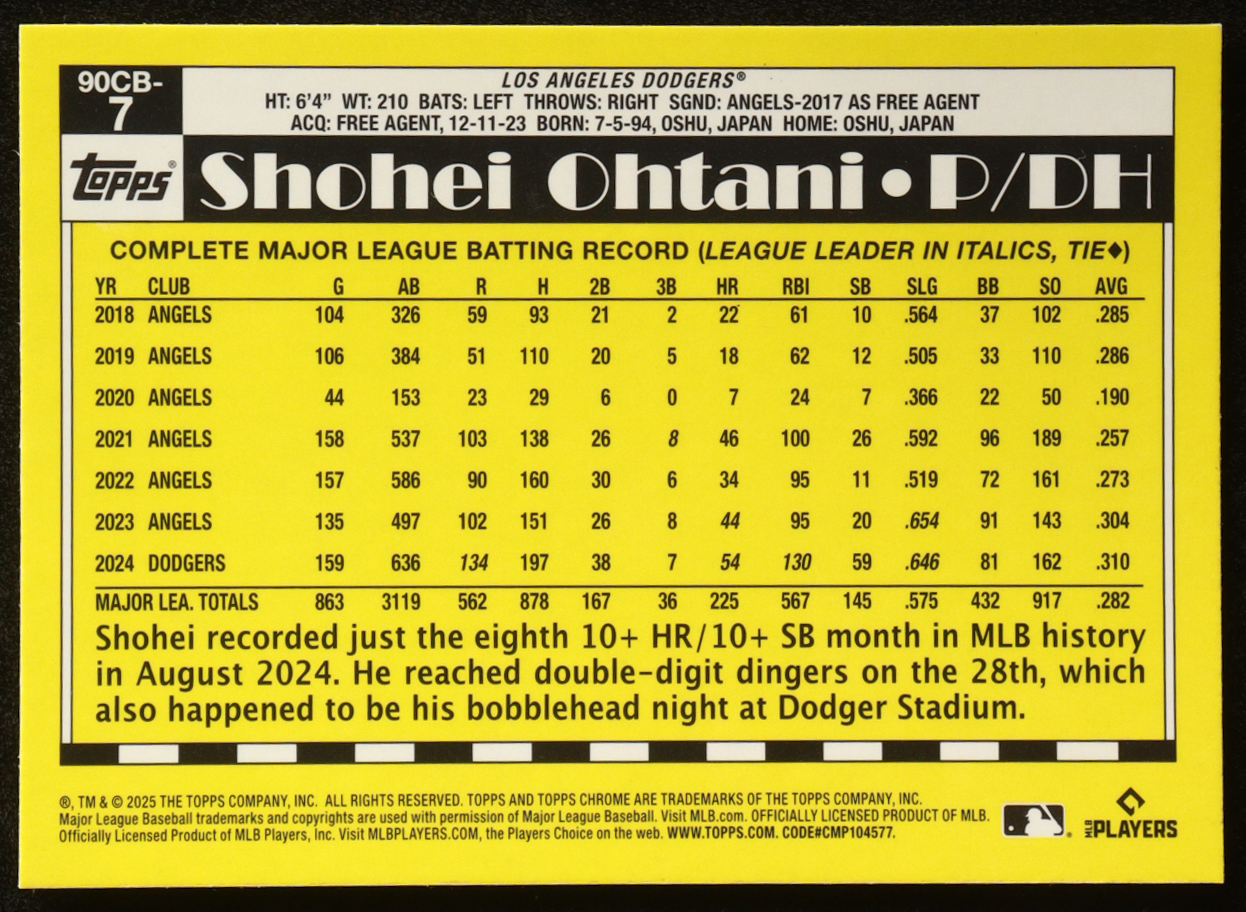 Shohei Ohtani 2025 Topps Chrome '90 Topps #90CB7 at PristineAuction.com Shohei Ohtani 2025 Topps Chrome '90 Topps #90CB7 at PristineAuction.com