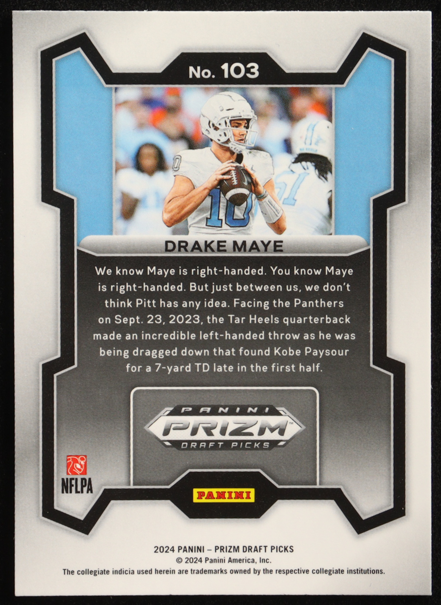Drake Maye 2024 Panini Prizm Draft Picks #103 RC at PristineAuction.com Drake Maye 2024 Panini Prizm Draft Picks #103 RC at PristineAuction.com