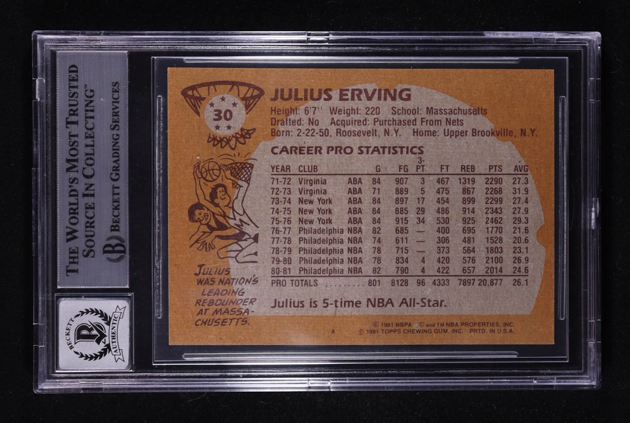 Julius Erving Signed 1981-82 Topps #30 (BGS Encapsulated) at PristineAuction.com Julius Erving Signed 1981-82 Topps #30 (BGS Encapsulated) at PristineAuction.com