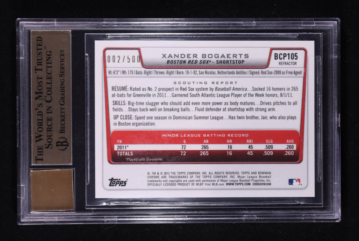 Xander Bogaerts 2012 Bowman Chrome Prospect Autographs Refractors #BCP105 #002/500 (BGS 9.5) at PristineAuction.com Xander Bogaerts 2012 Bowman Chrome Prospect Autographs Refractors #BCP105 #002/500 (BGS 9.5) at PristineAuction.com