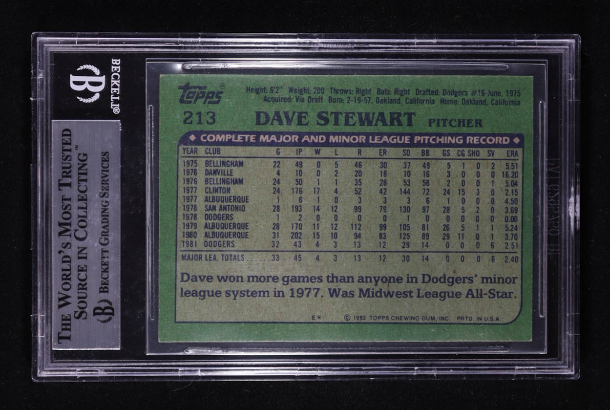 Dave Stewart Signed 1982 Topps #213 RC (BGS Encapsulated) at PristineAuction.com Dave Stewart Signed 1982 Topps #213 RC (BGS Encapsulated) at PristineAuction.com