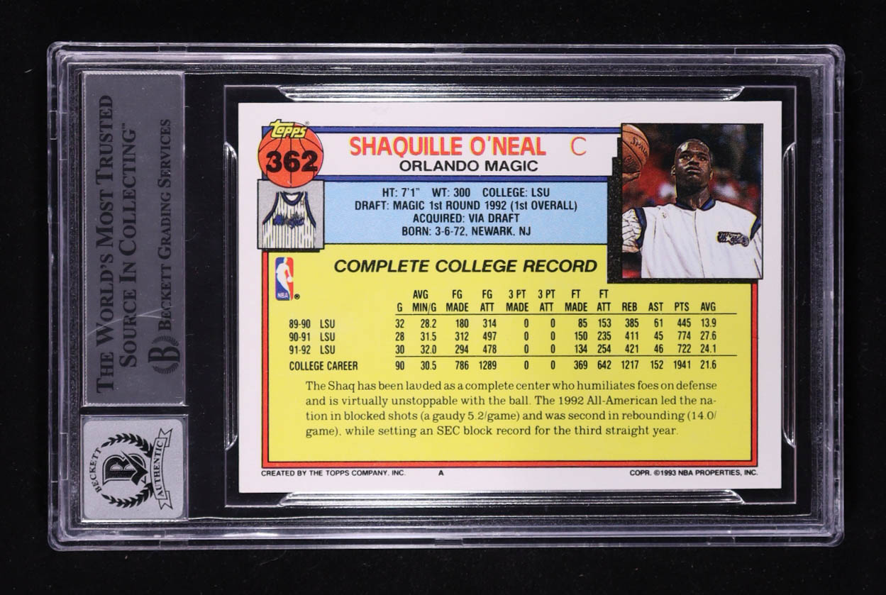 Shaquille O'Neal Signed 1992-93 Topps #362 RC (BGS Encapsulated) at PristineAuction.com Shaquille O'Neal Signed 1992-93 Topps #362 RC (BGS Encapsulated) at PristineAuction.com
