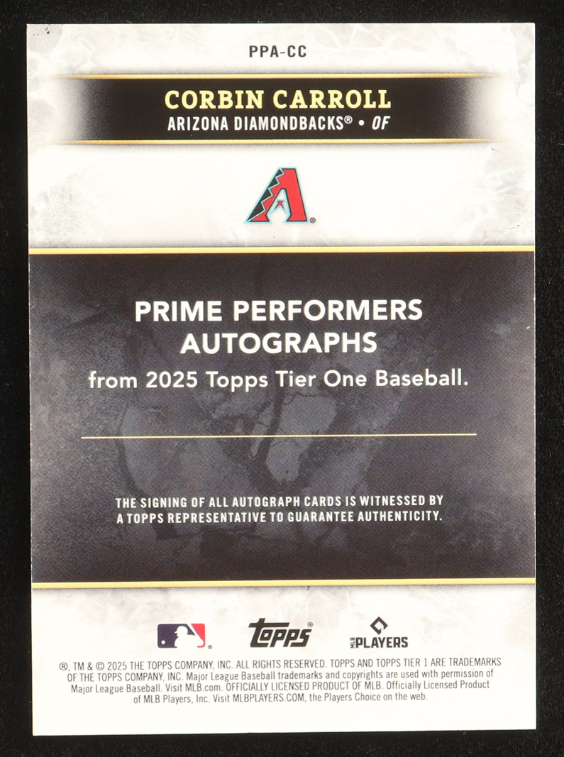 Corbin Carroll 2025 Topps Tier One Prime Performers Autographs #PPACC #122/199 at PristineAuction.com Corbin Carroll 2025 Topps Tier One Prime Performers Autographs #PPACC #122/199 at PristineAuction.com