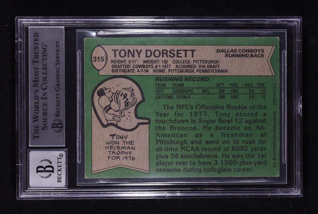 Tony Dorsett Signed 1978 Topps #315 RC Inscribed "HOF '94" (BGS Encapsulated) at PristineAuction.com Tony Dorsett Signed 1978 Topps #315 RC Inscribed "HOF '94" (BGS Encapsulated) at PristineAuction.com