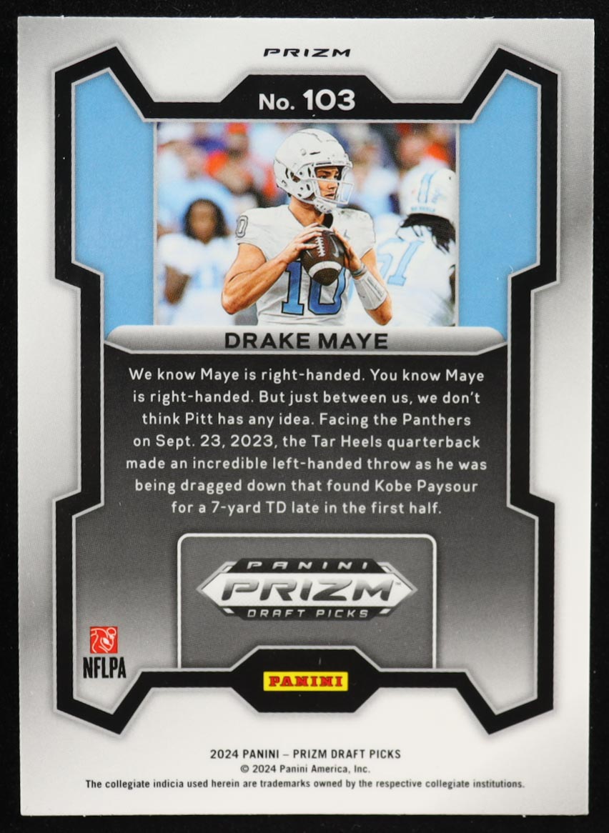 Drake Maye 2024 Panini Prizm Draft Picks Prizms Silver #103 RC at PristineAuction.com Drake Maye 2024 Panini Prizm Draft Picks Prizms Silver #103 RC at PristineAuction.com
