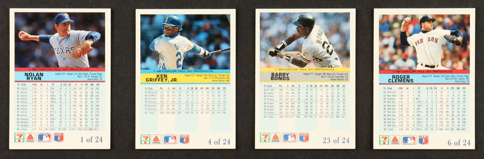 1992 Fleer 7 Eleven Citgo The Performer Collection Baseball Complete Set of (24) Cards with Nolan Ryan #1, Barry Bonds #23, Ken Griffey Jr. #4, Roger Clemens #6 at PristineAuction.com 1992 Fleer 7 Eleven Citgo The Performer Collection Baseball Complete Set of (24) Cards with Nolan Ryan #1, Barry Bonds #23, Ken Griffey Jr. #4, Roger Clemens #6 at PristineAuction.com