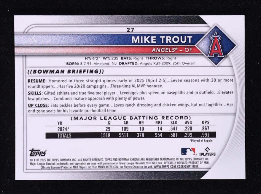 Mike Trout 2025 Bowman Chrome Mega Box #27 at PristineAuction.com Mike Trout 2025 Bowman Chrome Mega Box #27 at PristineAuction.com