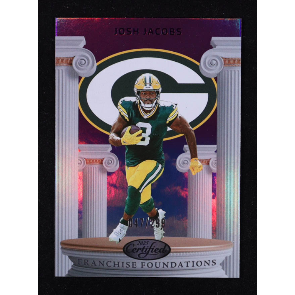 Josh Jacobs 2025 Certified Franchise Foundations Mirror Purple #19 #047/299 at PristineAuction.com
