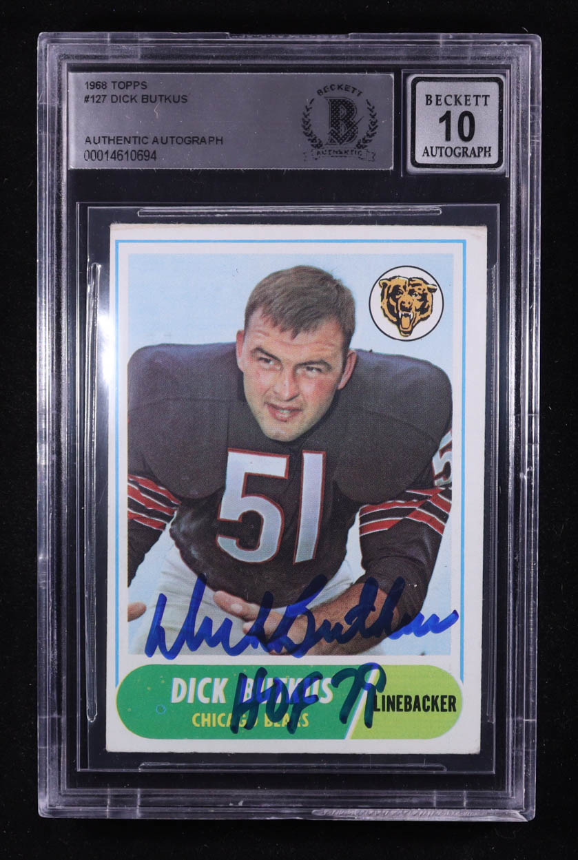 Dick Butkus Signed 1968 Topps #127 Inscribed "HOF 79" (BGS Encapsulated) at PristineAuction.com Dick Butkus Signed 1968 Topps #127 Inscribed "HOF 79" (BGS Encapsulated) at PristineAuction.com