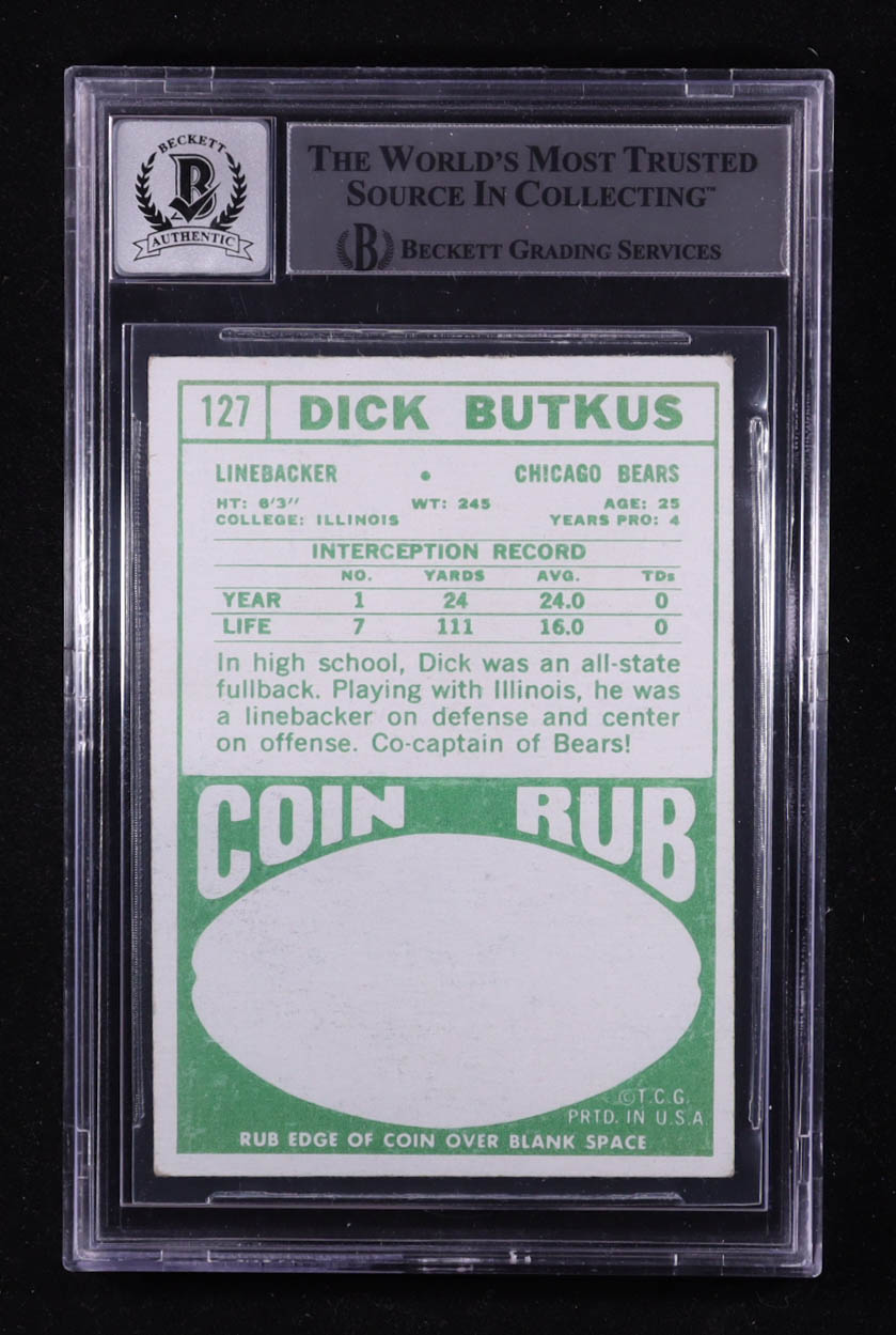Dick Butkus Signed 1968 Topps #127 Inscribed "HOF 79" (BGS Encapsulated) at PristineAuction.com Dick Butkus Signed 1968 Topps #127 Inscribed "HOF 79" (BGS Encapsulated) at PristineAuction.com