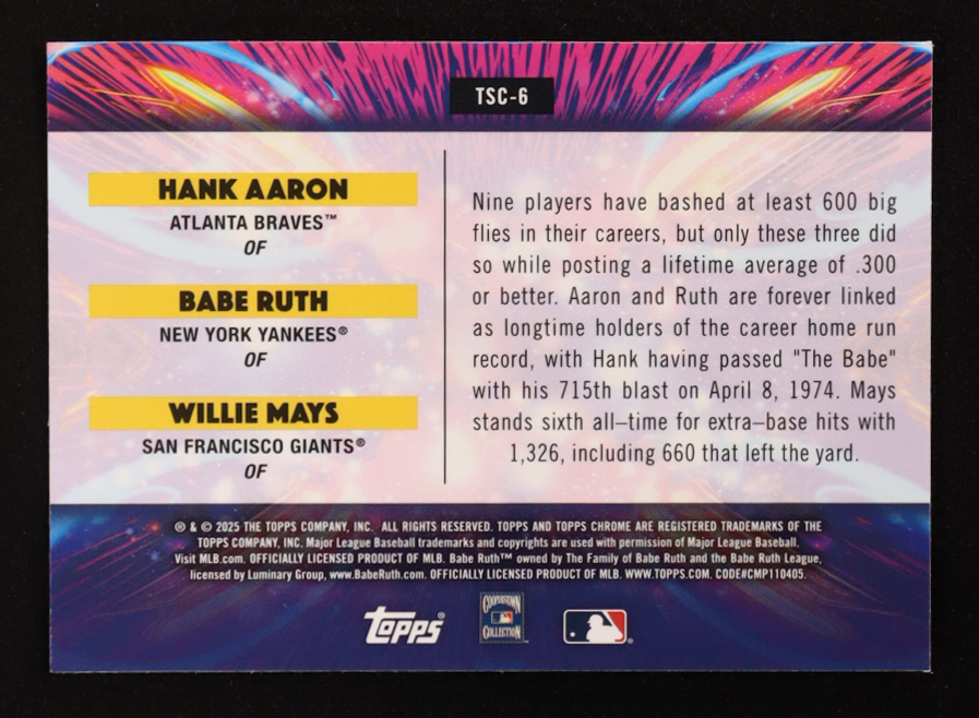 Babe Ruth / Willie Mays / Hank Aaron 2025 Topps Cosmic Chrome Triple Star Clusters #TSC6 at PristineAuction.com Babe Ruth / Willie Mays / Hank Aaron 2025 Topps Cosmic Chrome Triple Star Clusters #TSC6 at PristineAuction.com