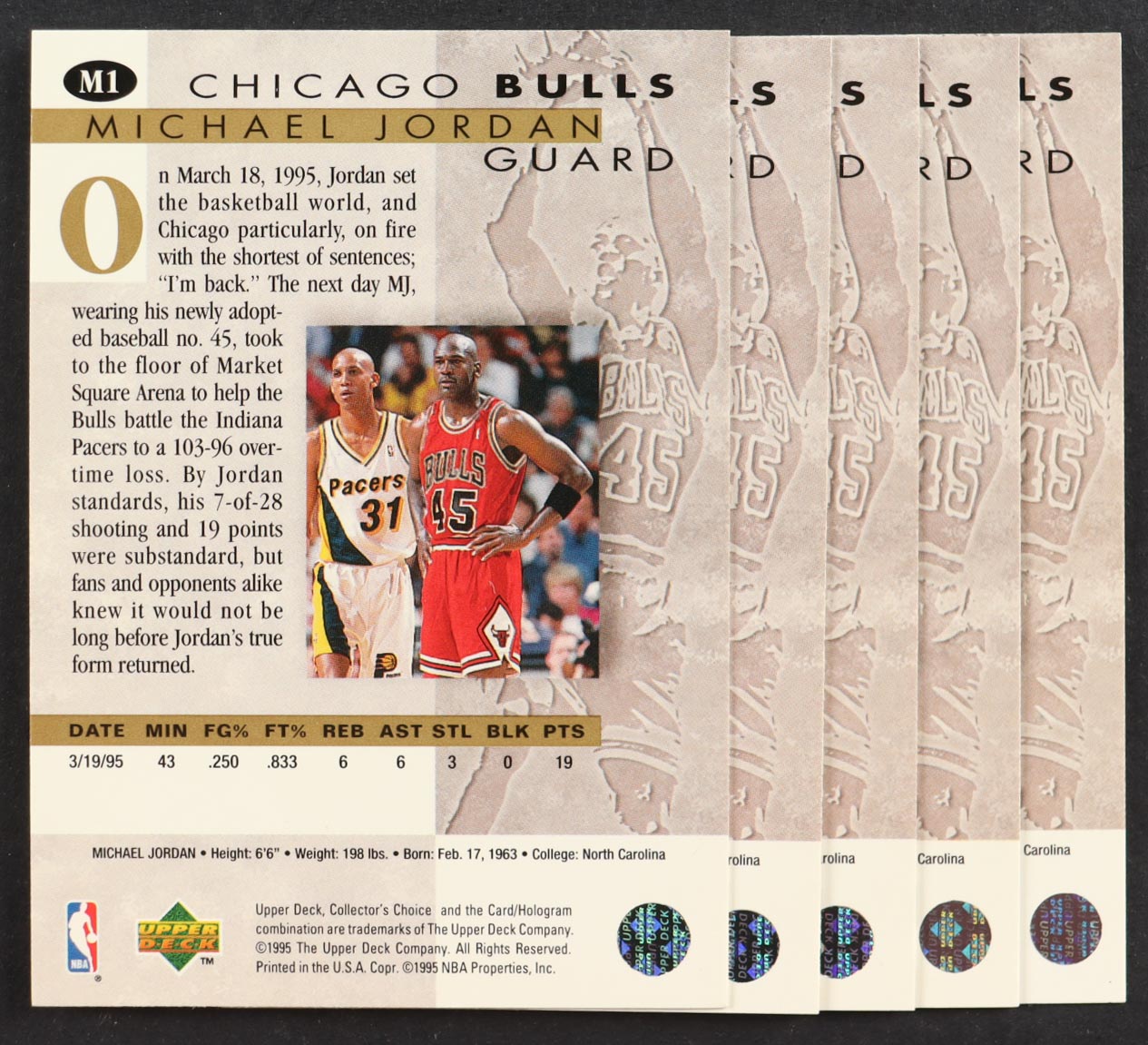 1995-96 Collector's Choice Jordan He's Back Complete Set of (5) Cards at PristineAuction.com 1995-96 Collector's Choice Jordan He's Back Complete Set of (5) Cards at PristineAuction.com