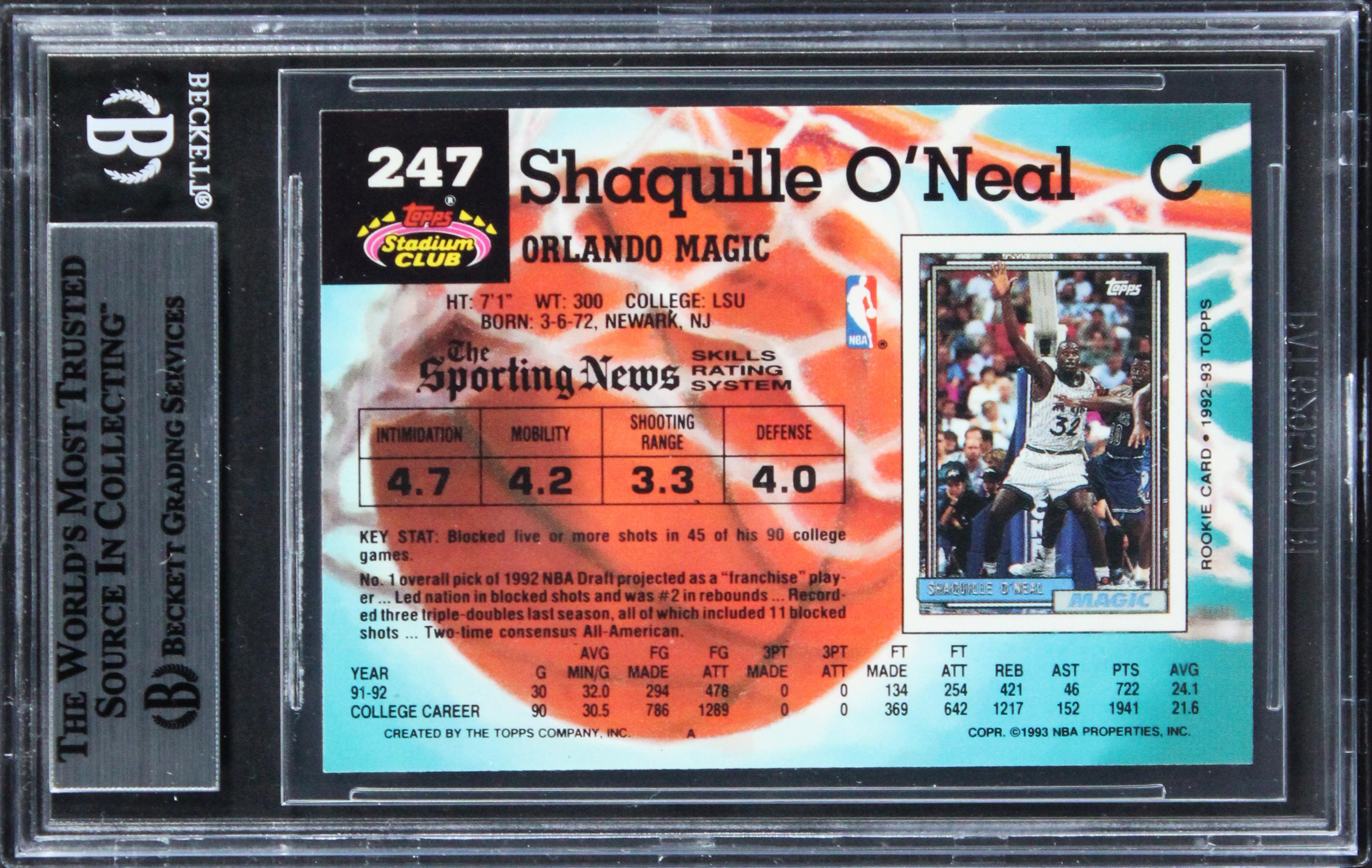 Magic Shaquille O'Neal Signed 1992 Stadium Club #247 RC (BGS) at PristineAuction.com Magic Shaquille O'Neal Signed 1992 Stadium Club #247 RC (BGS) at PristineAuction.com