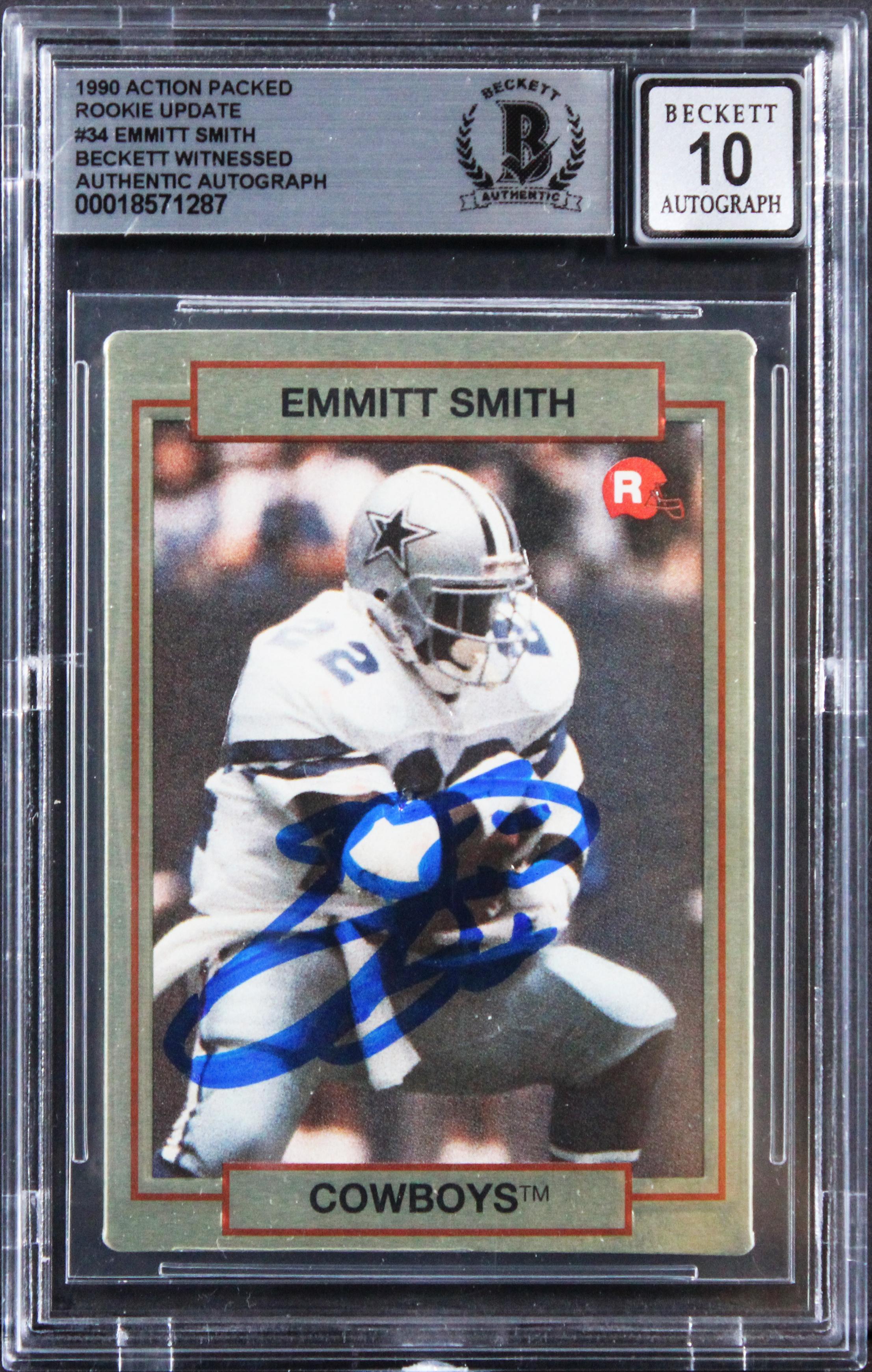 Emmitt Smith Signed 1990 Action Packed Rookie Update #34 RC (BGS | Auto Grade 10) at PristineAuction.com Emmitt Smith Signed 1990 Action Packed Rookie Update #34 RC (BGS | Auto Grade 10) at PristineAuction.com