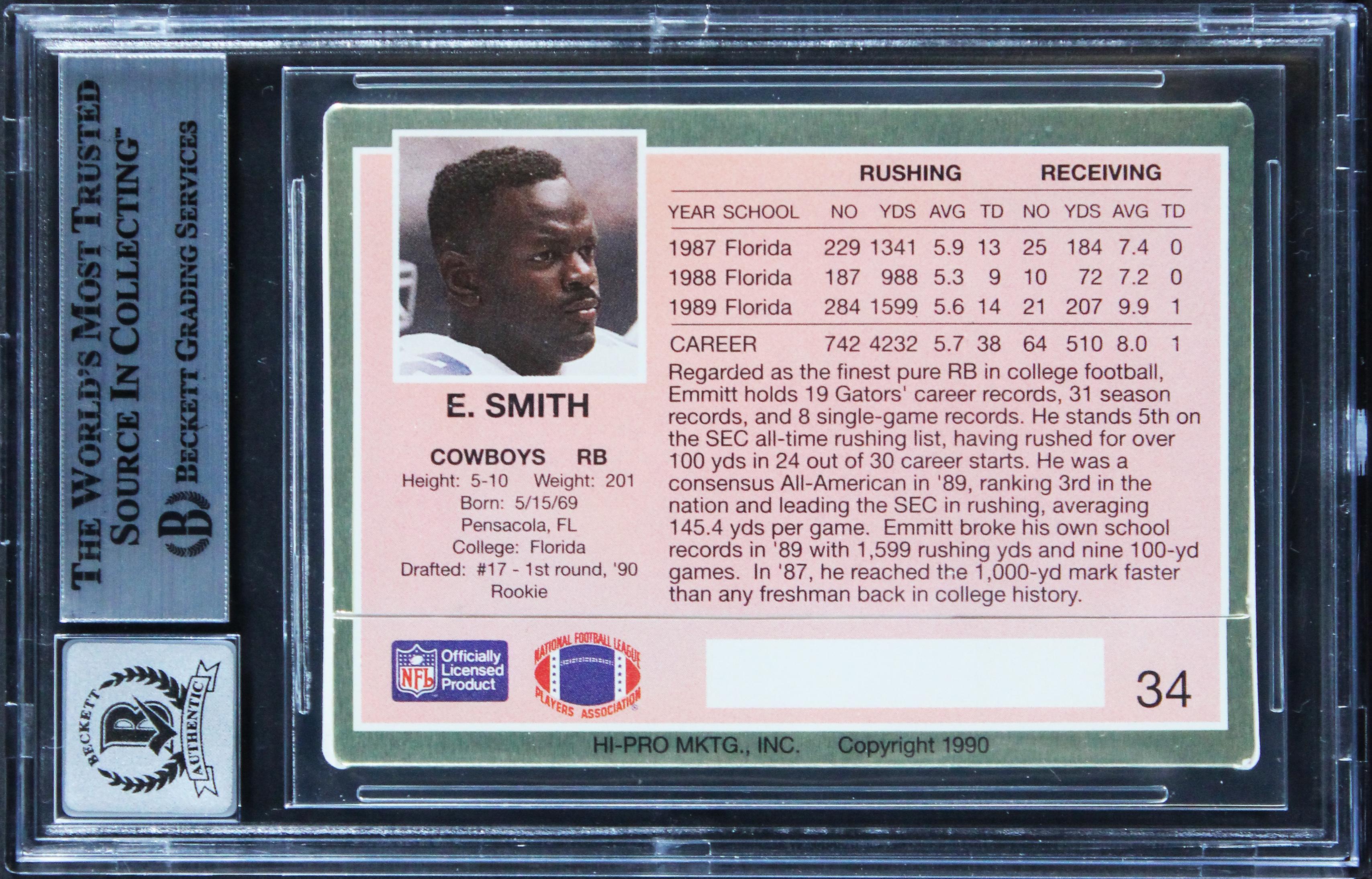 Emmitt Smith Signed 1990 Action Packed Rookie Update #34 RC (BGS | Auto Grade 10) at PristineAuction.com Emmitt Smith Signed 1990 Action Packed Rookie Update #34 RC (BGS | Auto Grade 10) at PristineAuction.com