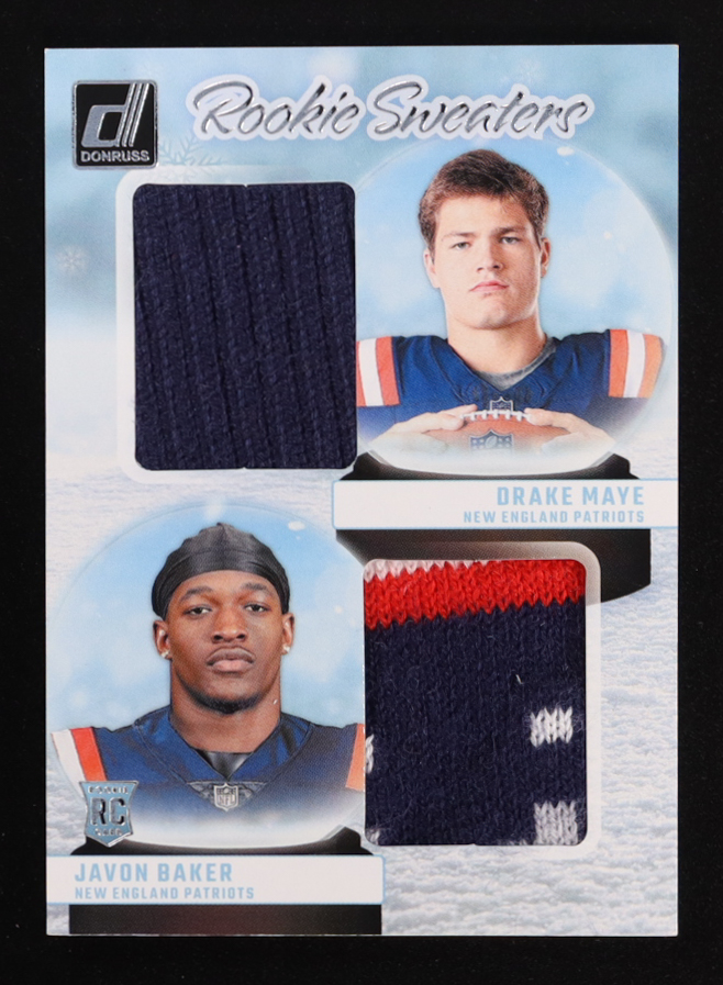 Drake Maye / Javon Baker 2024 Donruss Rookie Holiday Sweater Dual #1 RC at PristineAuction.com Drake Maye / Javon Baker 2024 Donruss Rookie Holiday Sweater Dual #1 RC at PristineAuction.com