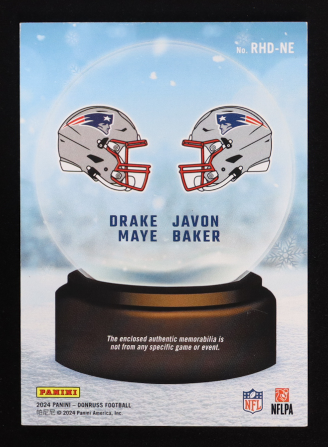 Drake Maye / Javon Baker 2024 Donruss Rookie Holiday Sweater Dual #1 RC at PristineAuction.com Drake Maye / Javon Baker 2024 Donruss Rookie Holiday Sweater Dual #1 RC at PristineAuction.com