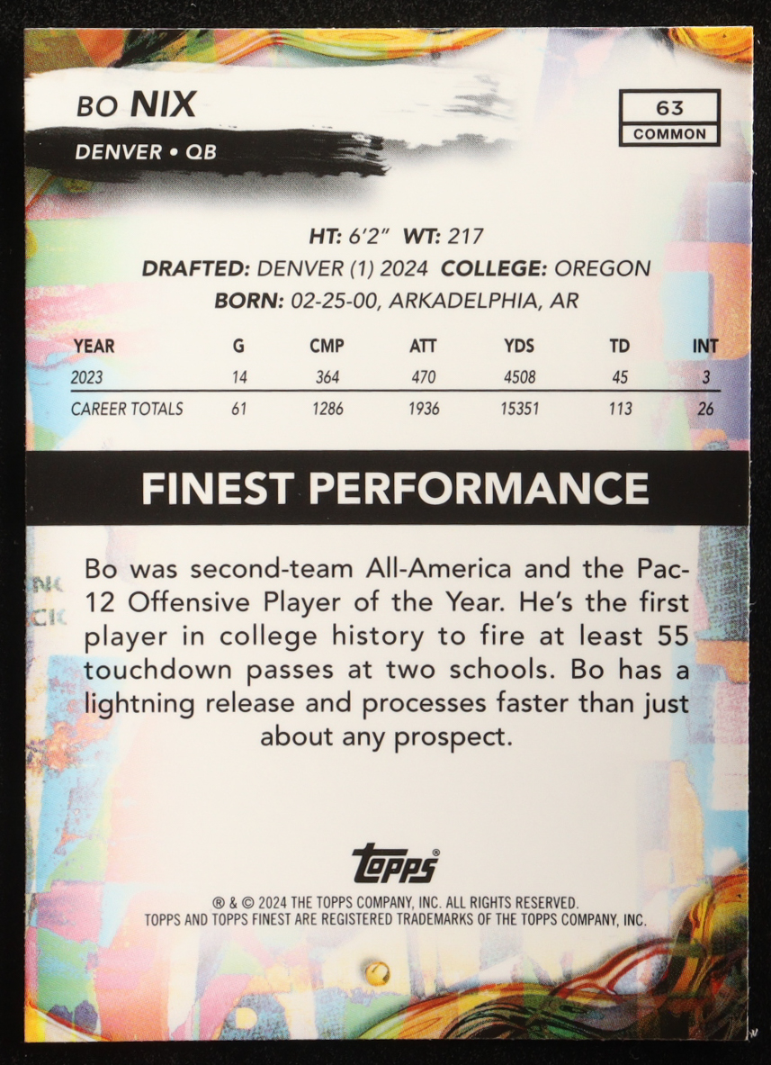 Bo Nix 2024 Finest #63 RC at PristineAuction.com Bo Nix 2024 Finest #63 RC at PristineAuction.com