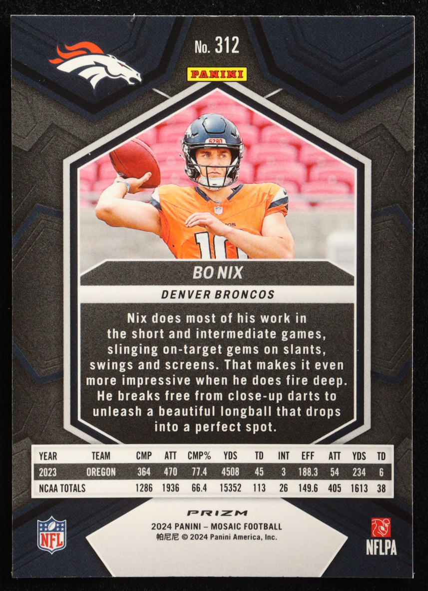 Bo Nix 2024 Panini Mosaic Mosaic #312 RC at PristineAuction.com Bo Nix 2024 Panini Mosaic Mosaic #312 RC at PristineAuction.com