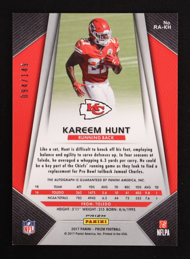 Kareem Hunt 2017 Panini Prizm Rookie Autographs Prizms Blue Wave #RAKH #094/149 RC at PristineAuction.com Kareem Hunt 2017 Panini Prizm Rookie Autographs Prizms Blue Wave #RAKH #094/149 RC at PristineAuction.com