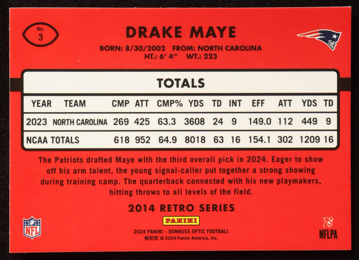 Drake Maye 2024 Donruss Optic '14 Retro Series #3 RC at PristineAuction.com Drake Maye 2024 Donruss Optic '14 Retro Series #3 RC at PristineAuction.com