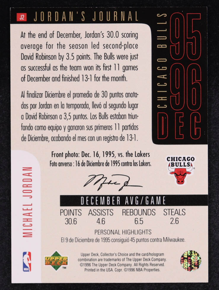 Michael Jordan 1996-97 Collector's Choice International Spanish Jordan's Journal #J2 December at PristineAuction.com Michael Jordan 1996-97 Collector's Choice International Spanish Jordan's Journal #J2 December at PristineAuction.com