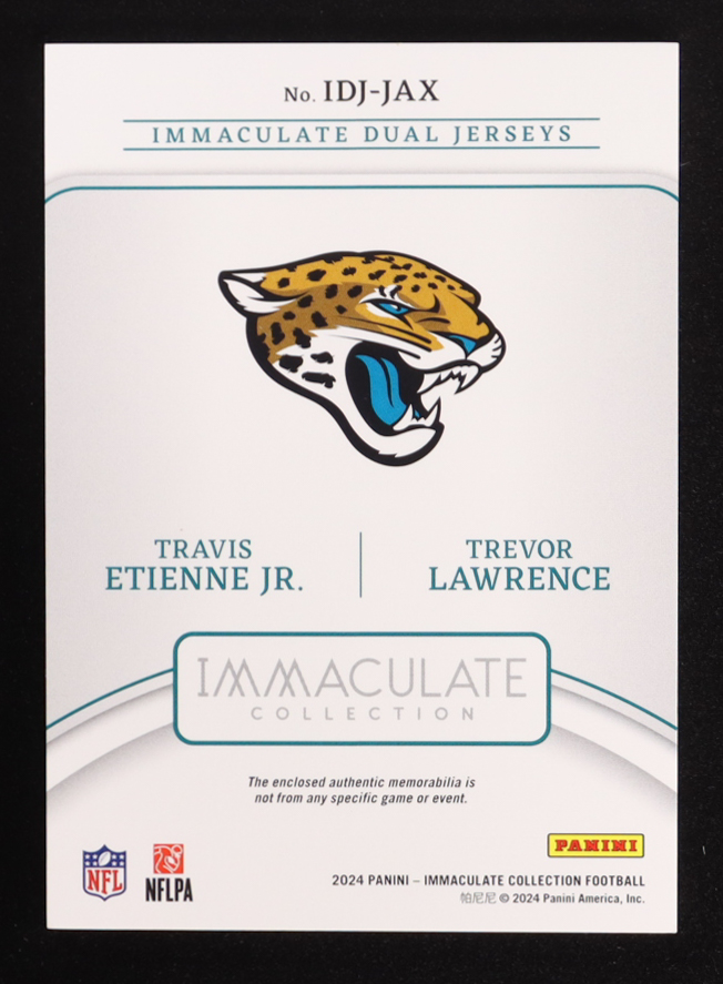 Trevor Lawrence / Travis Etienne Jr. 2024 Immaculate Collection Immaculate Dual Jerseys #5 #44/49 at PristineAuction.com Trevor Lawrence / Travis Etienne Jr. 2024 Immaculate Collection Immaculate Dual Jerseys #5 #44/49 at PristineAuction.com