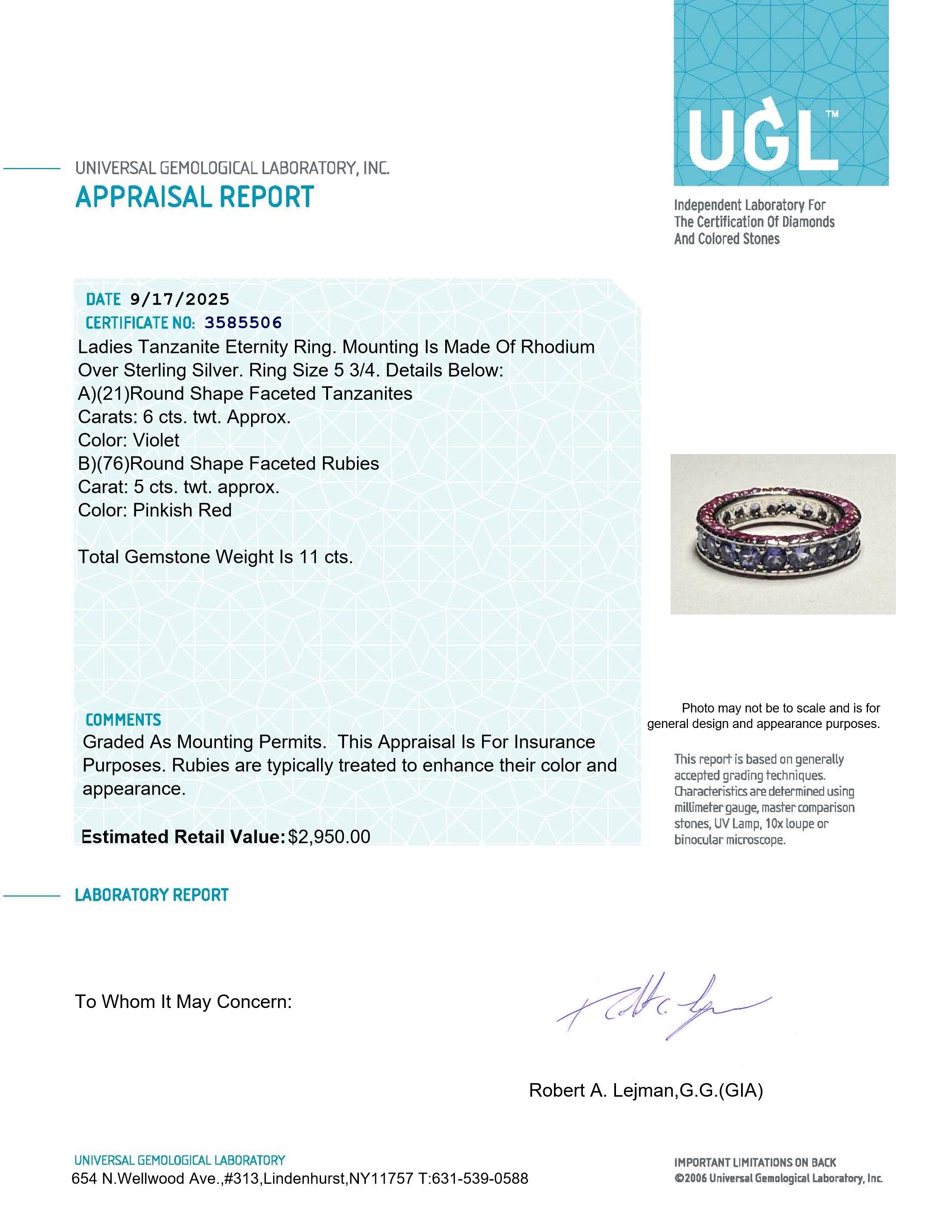 11.00 Carats Tanzanite & Ruby Eternity Ring | $2,950 Estimated Retail Value (UGL Cert) | Brand New at PristineAuction.com 11.00 Carats Tanzanite & Ruby Eternity Ring | $2,950 Estimated Retail Value (UGL Cert) | Brand New at PristineAuction.com