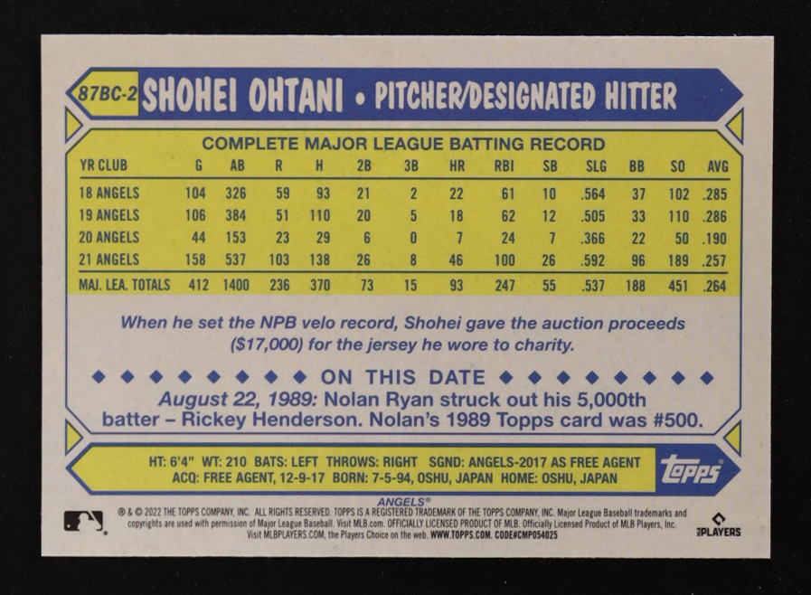 Shohei Ohtani 2022 Topps Chrome '87 Topps #87BC2 at PristineAuction.com Shohei Ohtani 2022 Topps Chrome '87 Topps #87BC2 at PristineAuction.com