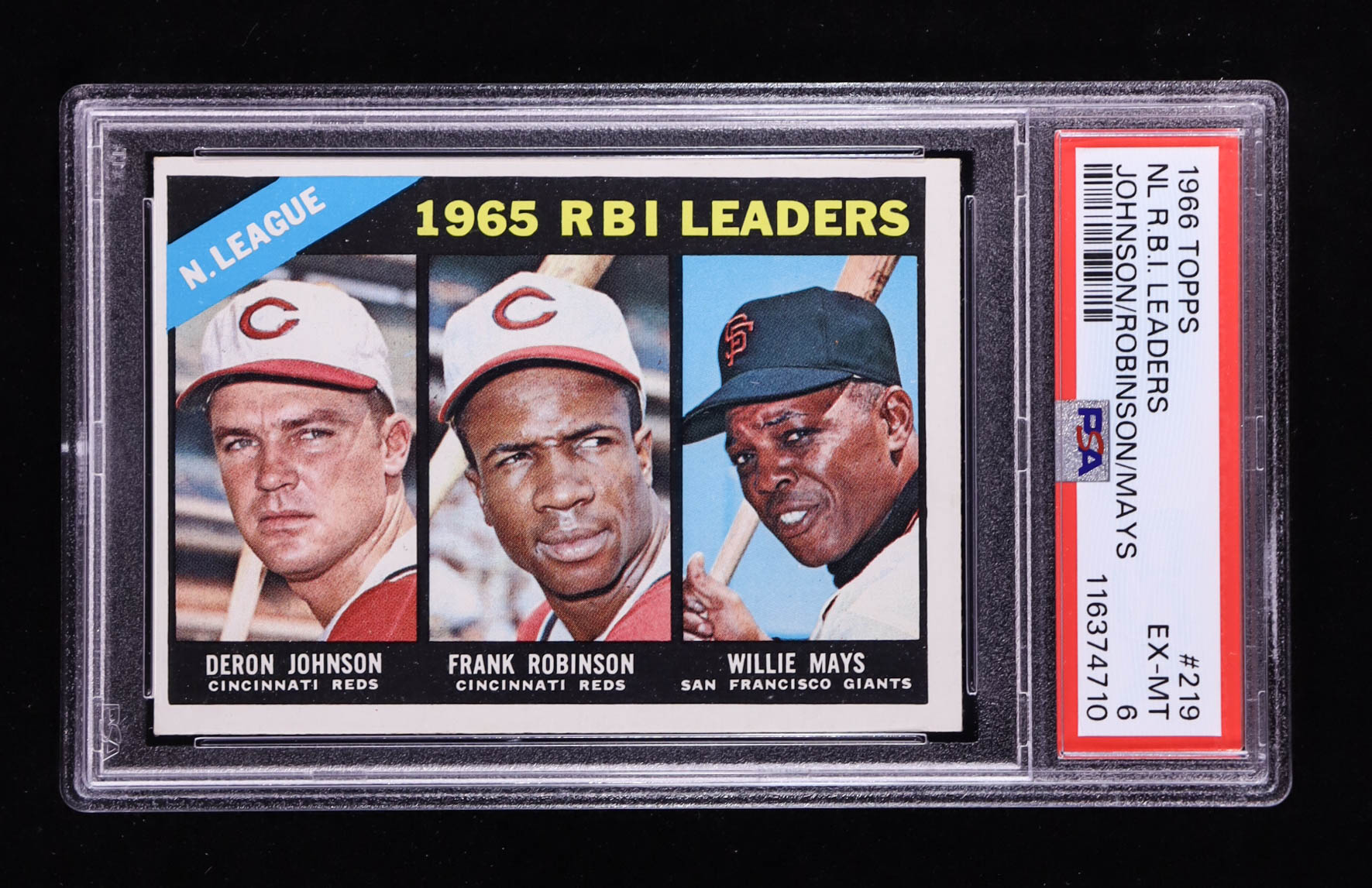 Deron Johnson / Frank Robinson / Willie Mays 1966 Topps #219 NL RBI Leaders (PSA 6) at PristineAuction.com Deron Johnson / Frank Robinson / Willie Mays 1966 Topps #219 NL RBI Leaders (PSA 6) at PristineAuction.com