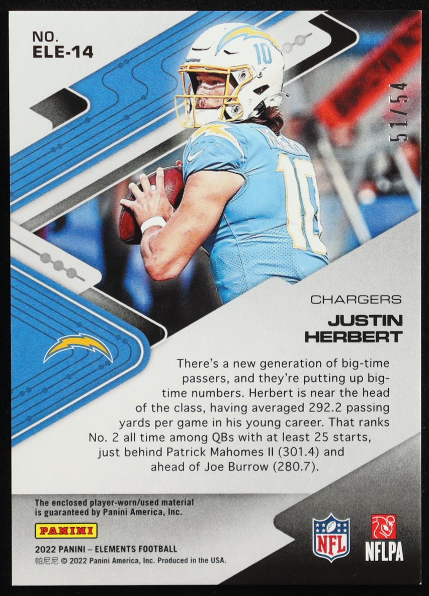 Justin Herbert 2022 Panini Elements Electric Jerseys Xenon #14 #51/54 at PristineAuction.com Justin Herbert 2022 Panini Elements Electric Jerseys Xenon #14 #51/54 at PristineAuction.com