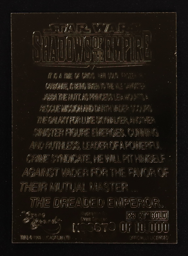 Shadows of the Empire "Star Wars" 1996 Score Board 23KT Gold Card #670/10000 at PristineAuction.com Shadows of the Empire "Star Wars" 1996 Score Board 23KT Gold Card #670/10000 at PristineAuction.com