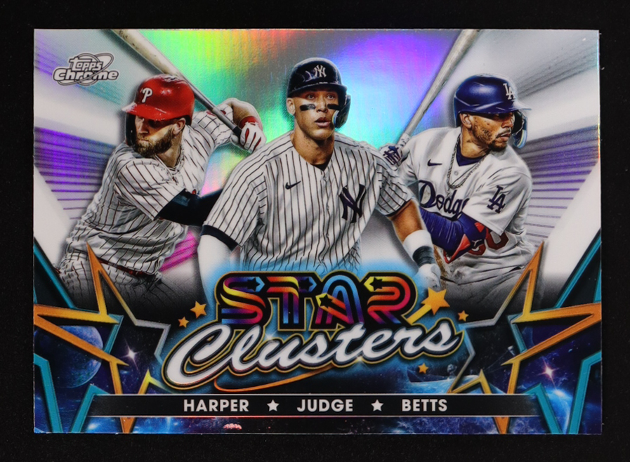Mookie Betts / Bryce Harper / Aaron Judge 2023 Topps Cosmic Chrome Star Clusters #SC5 at PristineAuction.com Mookie Betts / Bryce Harper / Aaron Judge 2023 Topps Cosmic Chrome Star Clusters #SC5 at PristineAuction.com