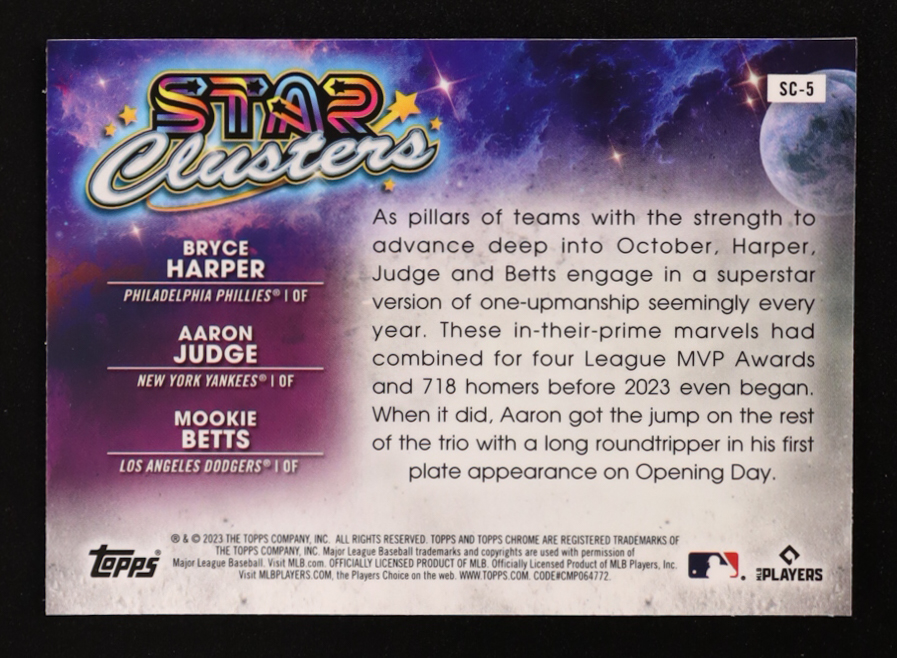 Mookie Betts / Bryce Harper / Aaron Judge 2023 Topps Cosmic Chrome Star Clusters #SC5 at PristineAuction.com Mookie Betts / Bryce Harper / Aaron Judge 2023 Topps Cosmic Chrome Star Clusters #SC5 at PristineAuction.com