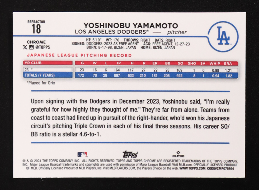Yoshinobu Yamamoto 2024 Topps Chrome Refractors #18 RC at PristineAuction.com Yoshinobu Yamamoto 2024 Topps Chrome Refractors #18 RC at PristineAuction.com