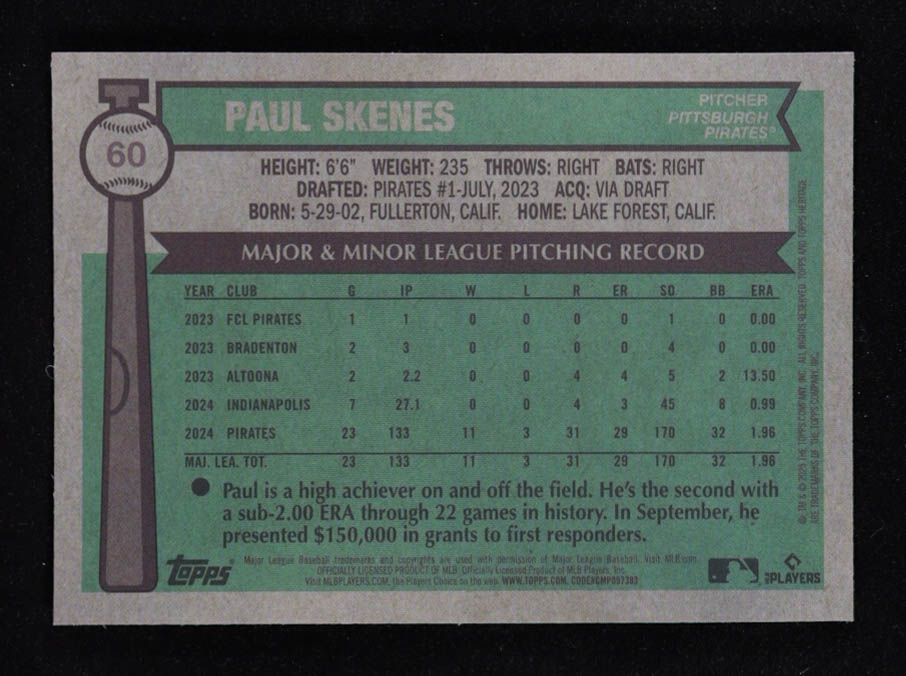 Paul Skenes 2025 Topps Heritage Chrome Light Blue Sparkle Refractors #60 at PristineAuction.com Paul Skenes 2025 Topps Heritage Chrome Light Blue Sparkle Refractors #60 at PristineAuction.com