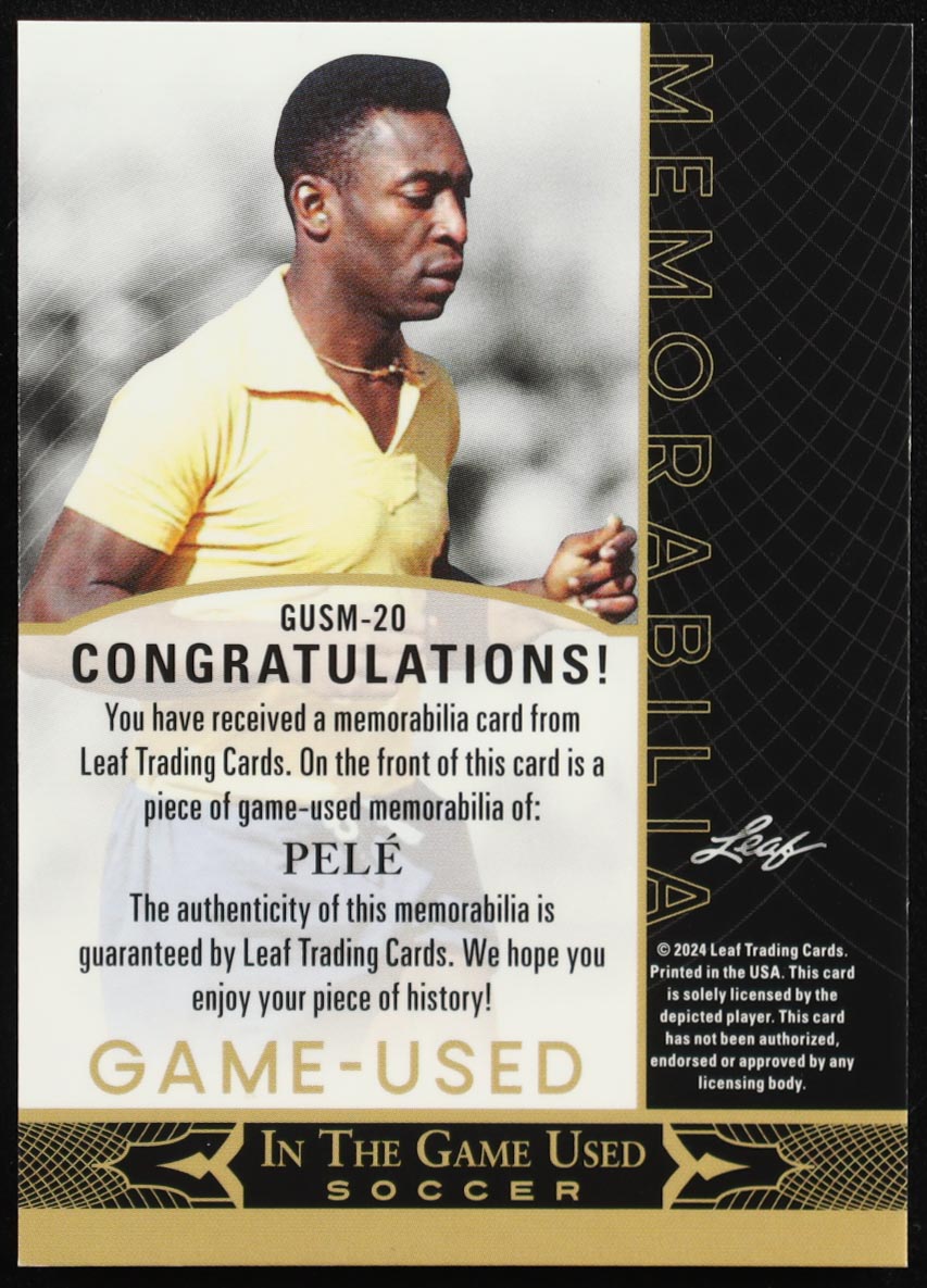 Pelé 2024 Leaf In The Game Used Game-Used Soccer Memorabilia Purple Holo #GUSM20 #1/12 at PristineAuction.com Pelé 2024 Leaf In The Game Used Game-Used Soccer Memorabilia Purple Holo #GUSM20 #1/12 at PristineAuction.com