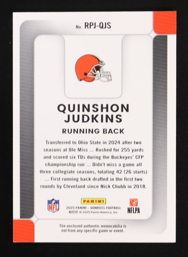 Quinshon Judkins 2025 Donruss Rookie Phenom Jerseys #4 RC at PristineAuction.com Quinshon Judkins 2025 Donruss Rookie Phenom Jerseys #4 RC at PristineAuction.com