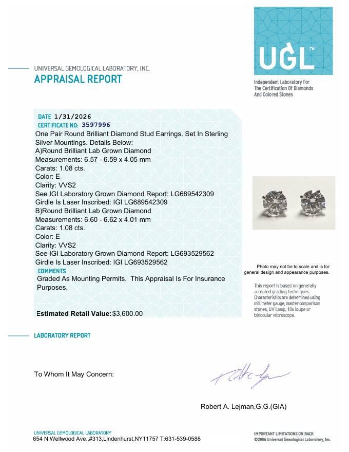 2.16 Carats Lab Grown Diamond Stud Earrings E, VVS2 | $3,600 Estimated Retail Value (UGL & IGI Certs) | Brand New at PristineAuction.com 2.16 Carats Lab Grown Diamond Stud Earrings E, VVS2 | $3,600 Estimated Retail Value (UGL & IGI Certs) | Brand New at PristineAuction.com