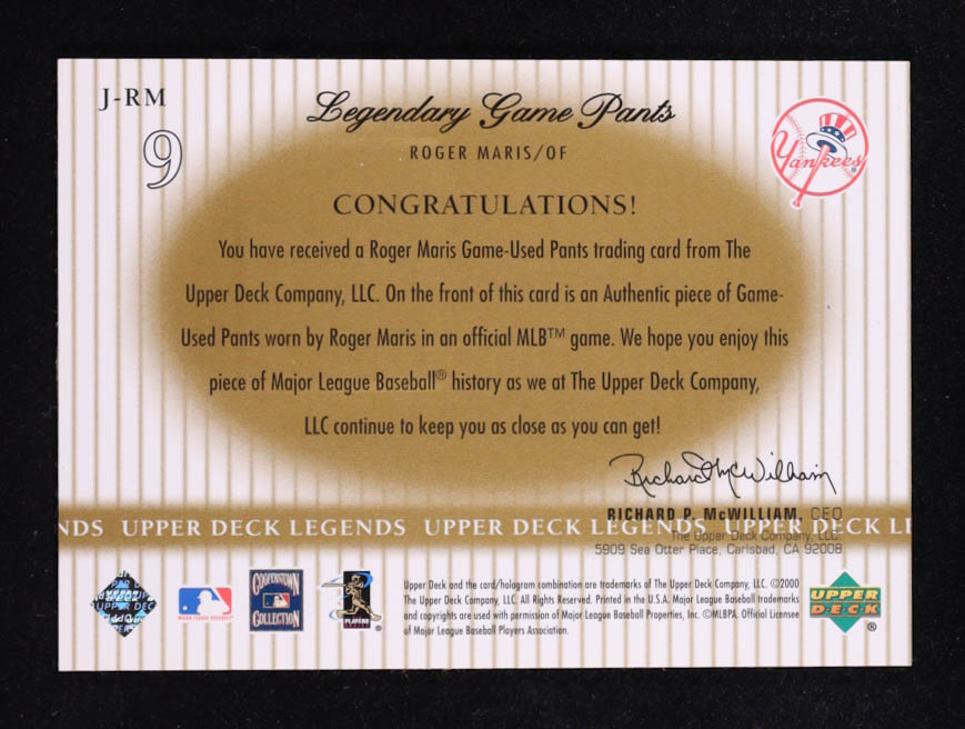 Roger Maris 2000 Upper Deck Legends Legendary Game Jerseys #JRM Pants at PristineAuction.com Roger Maris 2000 Upper Deck Legends Legendary Game Jerseys #JRM Pants at PristineAuction.com