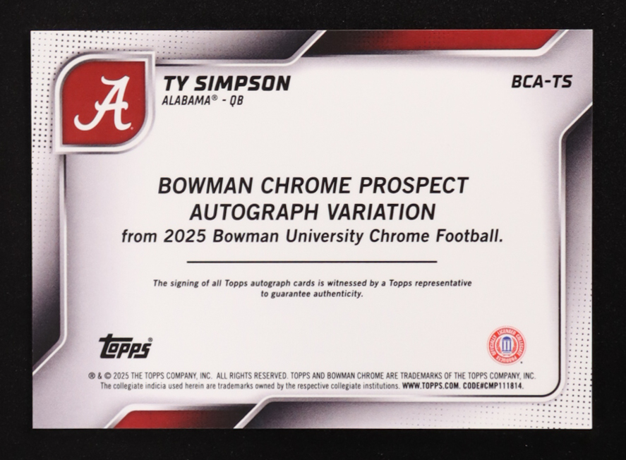 Ty Simpson 2025 Bowman Chrome University Autographs #BCATS RC at PristineAuction.com Ty Simpson 2025 Bowman Chrome University Autographs #BCATS RC at PristineAuction.com