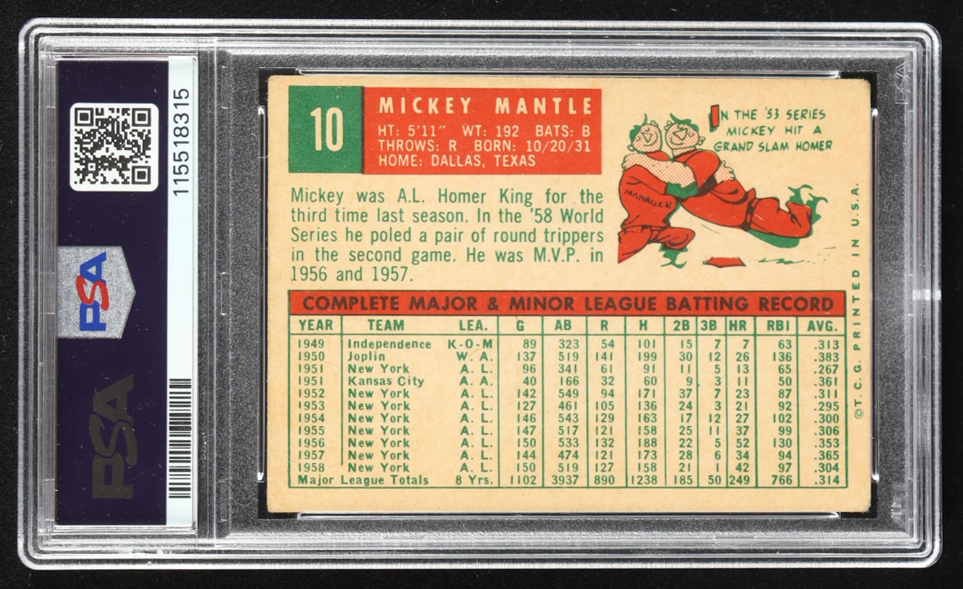 Mickey Mantle 1959 Topps #10 (PSA 3) at PristineAuction.com Mickey Mantle 1959 Topps #10 (PSA 3) at PristineAuction.com