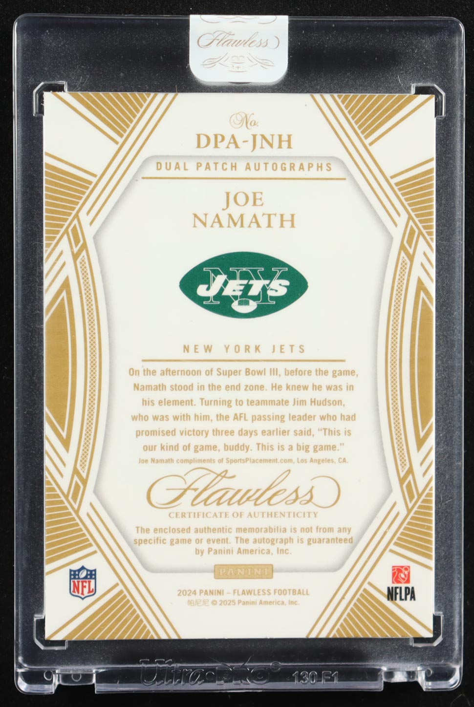 Joe Namath 2024 Panini Flawless Dual Patch Autographs Silver #1 #17/20 at PristineAuction.com Joe Namath 2024 Panini Flawless Dual Patch Autographs Silver #1 #17/20 at PristineAuction.com