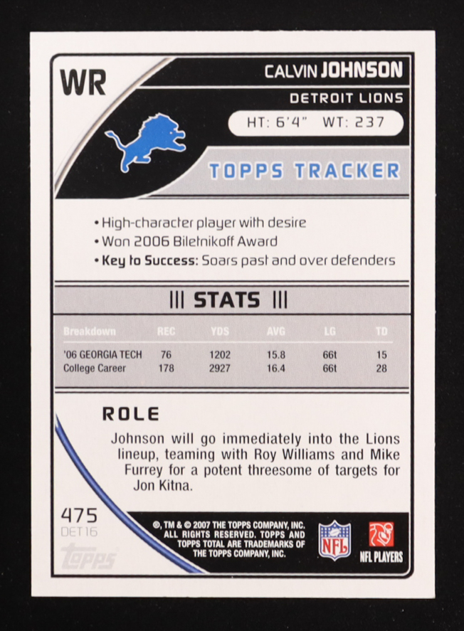 Calvin Johnson 2007 Topps Total #475 RC at PristineAuction.com Calvin Johnson 2007 Topps Total #475 RC at PristineAuction.com